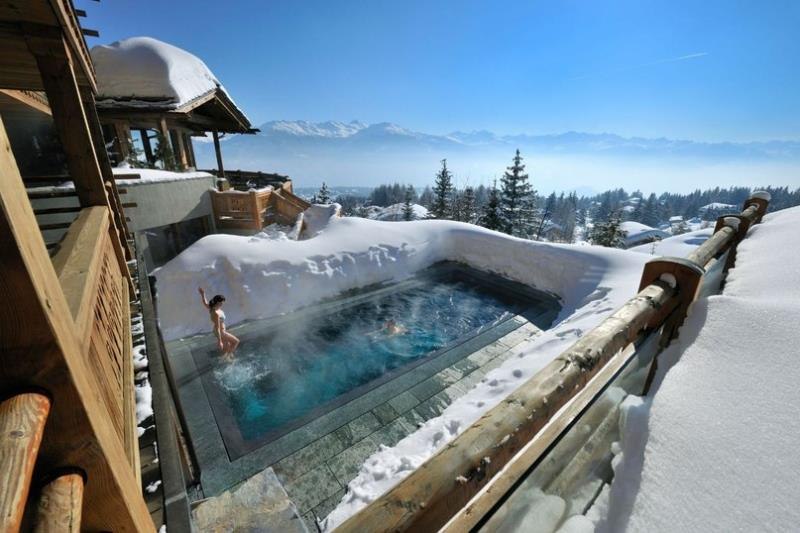 Heated pool in the ski resort of Crans-Montana in Switzerland