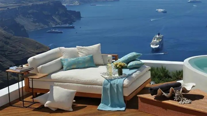 Morning on the balcony of the hotel in Santorini, Greece.