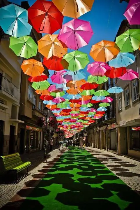 Colored umbrellas on the streets of Agueda, Portugal.