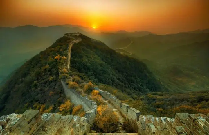 Sunset over the Great Wall of China.