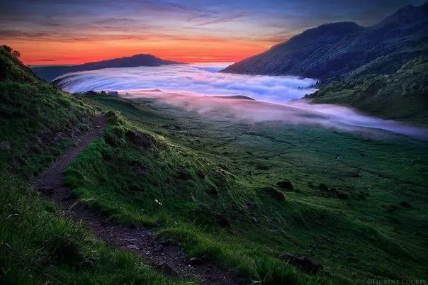 Sunset in the valley in the mountains of Cantal
