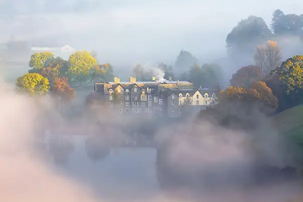 A hotel in the fog in the Lake District National Park
