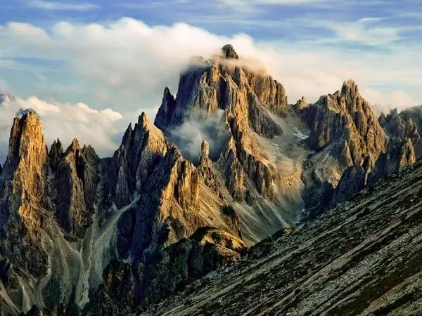 Fog over peaks, Dolomites Alps
