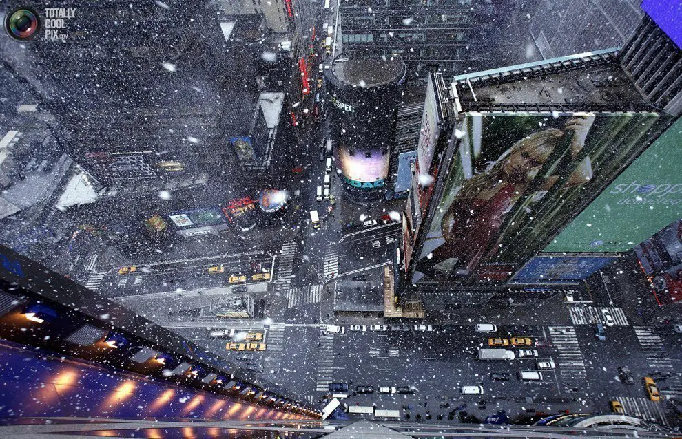 Snowfall in Times Square, New York, USA