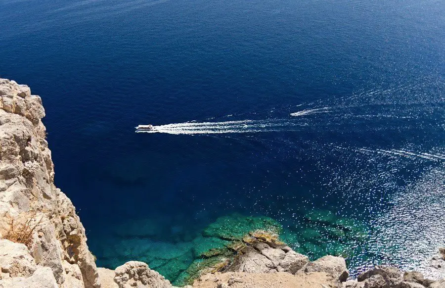 The coast of the island of Lindos, Greece