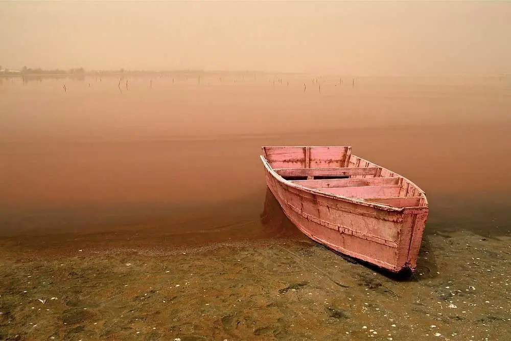 The shore of the pink Lake Retba, Senegal