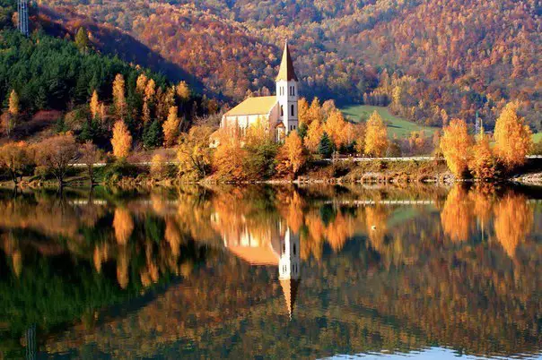Church on the shore of the lake, Slovakia