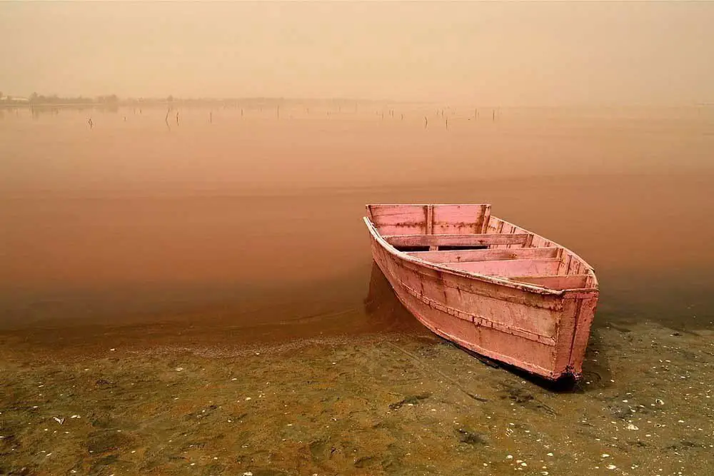 The shore of the pink Lake Retba, Senegal
