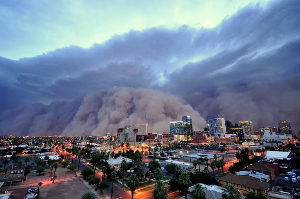 A sandstorm over the evening city of Phoenix, Arizona, USA