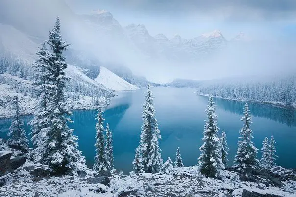 Snow-covered Lake Moiraine, Canada