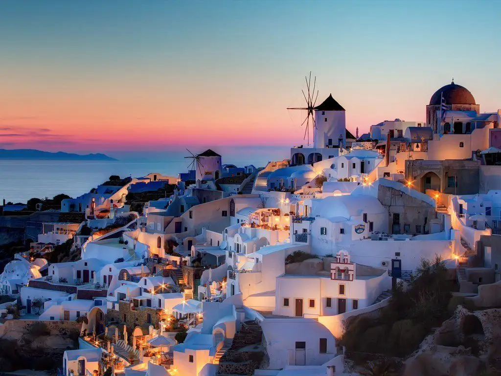 View of the evening city of Oia, Santorini Island, Greece