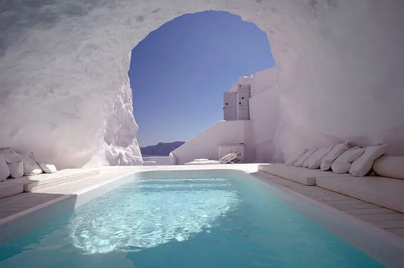Swimming pool in a cave, Santorini, Greece