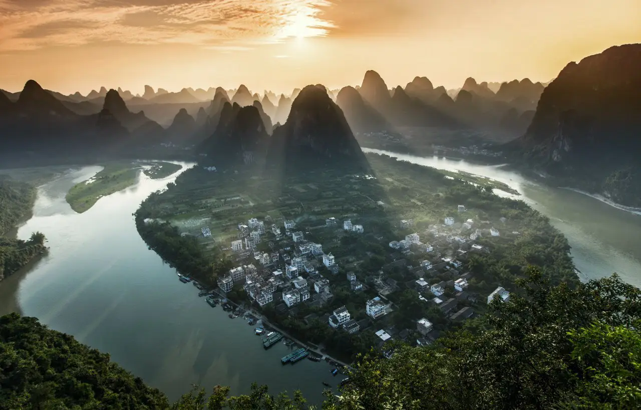 China. The bend of the Li River in Guangxi Province