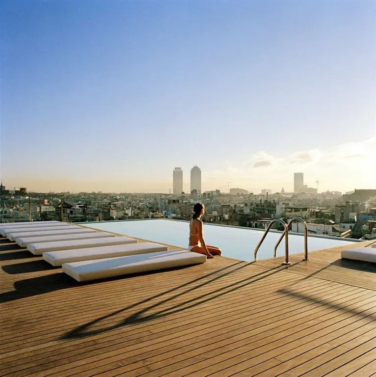 The wooden roof and pool of the Grand Hotel Central, Barcelona, ​​Spain
