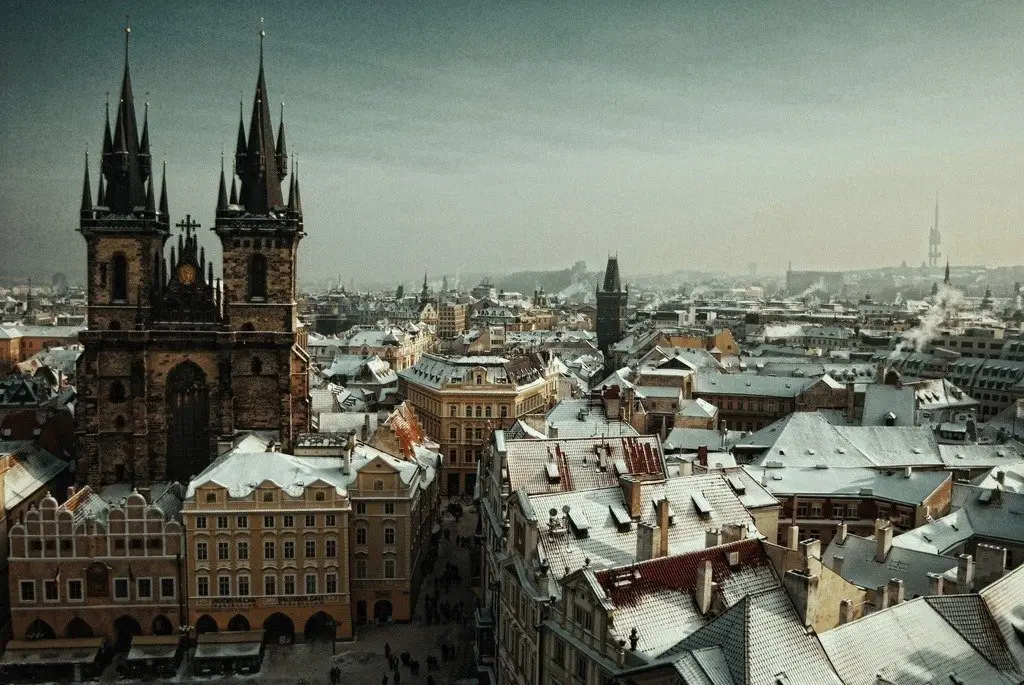 Church of the Virgin Mary and the roofs of houses, Prague, Czech Republic