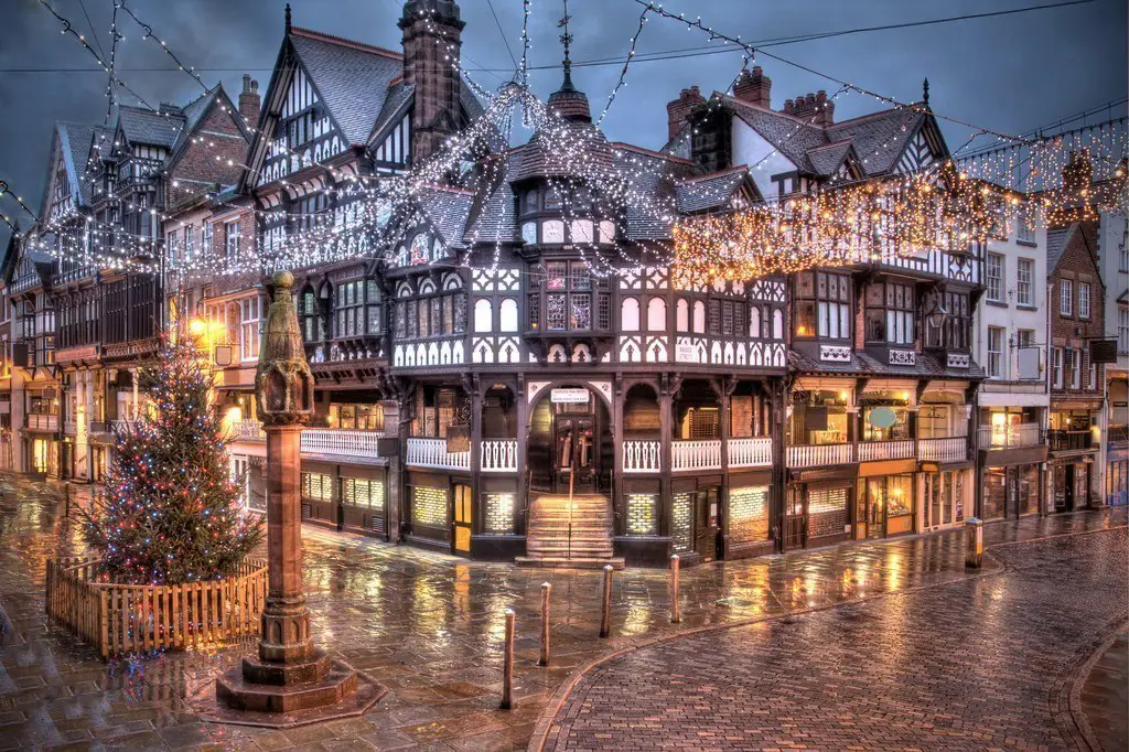 House on the evening street of Chester, UK