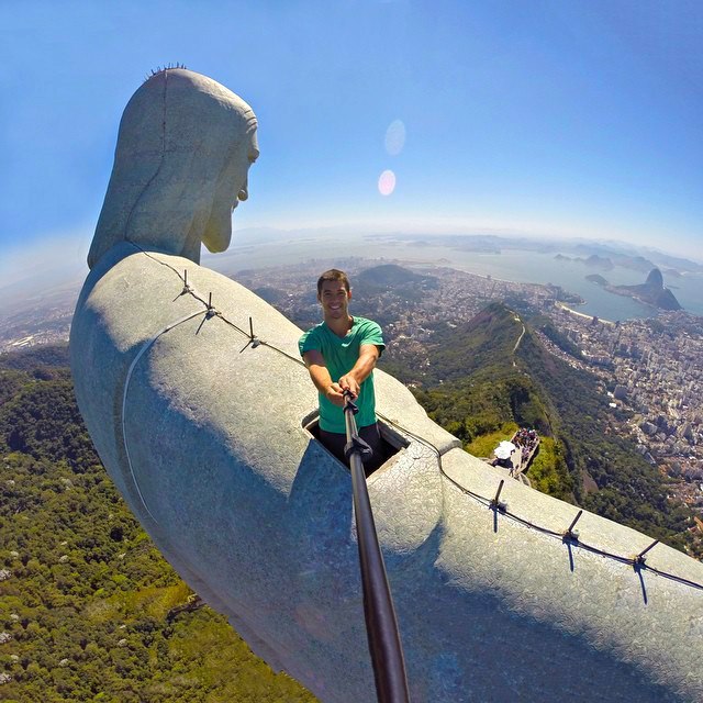 Selfi on the top of the statue of Christ the Redeemer in Rio de Janeiro