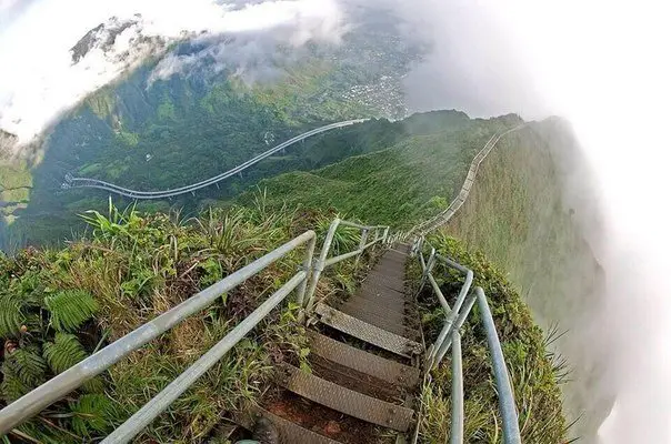The famous Haiku staircase or, as it is often called, the Ladder to Heaven, located on Oahu, Hawaii