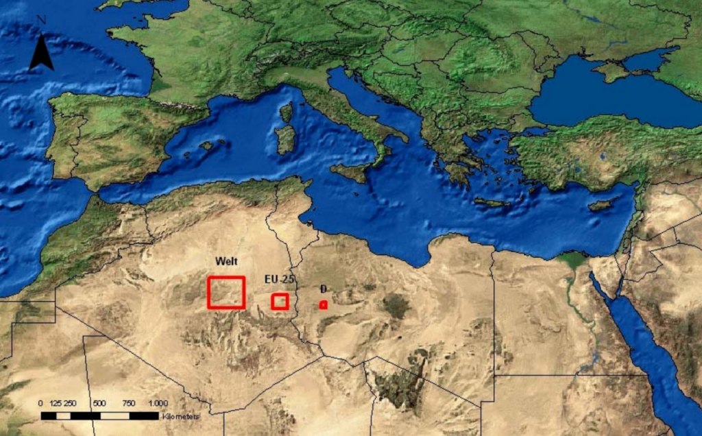 The area of ​​the desert, which must be covered with solar panels, to get the energy necessary for the whole world, Europe and Germany.