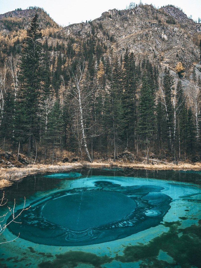 Живое гейзерное озеро необычайно красивого цвета  в глубине Алтайской республики.