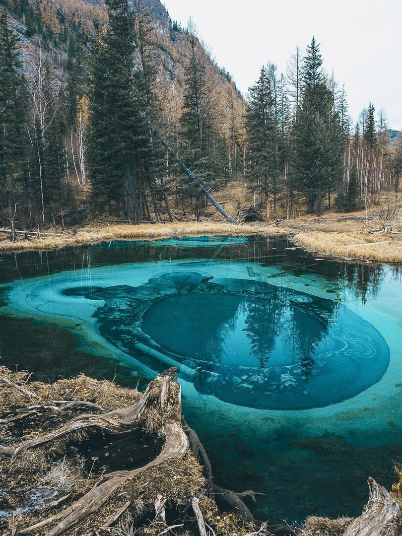 A living geyser lake of unusually beautiful color in the Altai Republic.