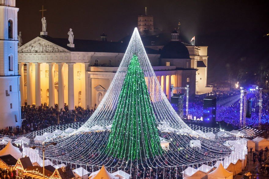 В Вильнюсе зажгли уникальную рождественскую ёлку из 50 тысяч огоньков.