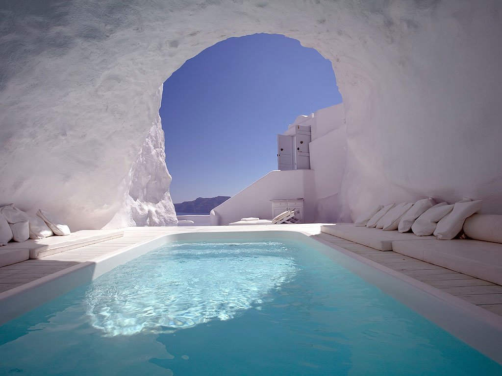Swimming pool in a cave, Santorini, Greece