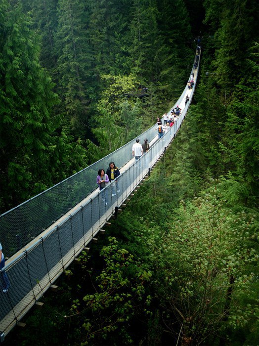 Suspension bridge over the Kapilano River 140 meters long, North Vancouver, Canada