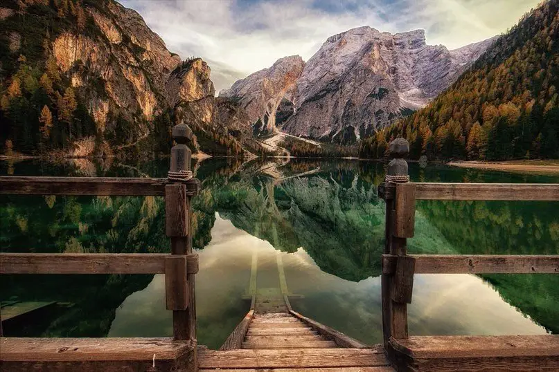 Mountain Lake Bryes, Italian Alps.