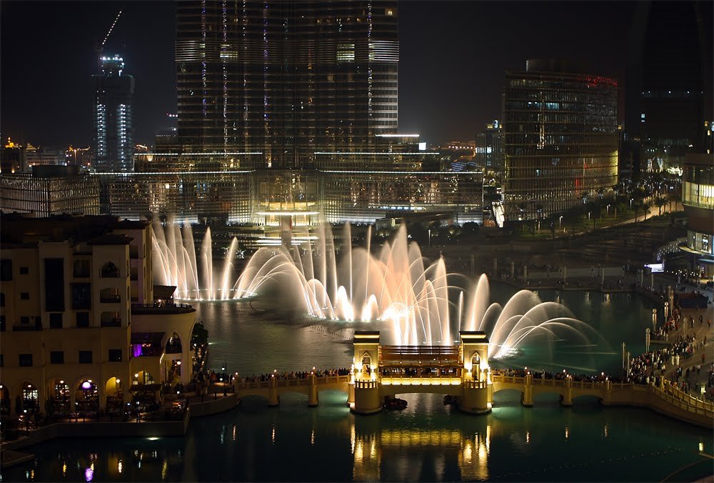 The biggest fountain in the world, Dubai. The height is 150 m.