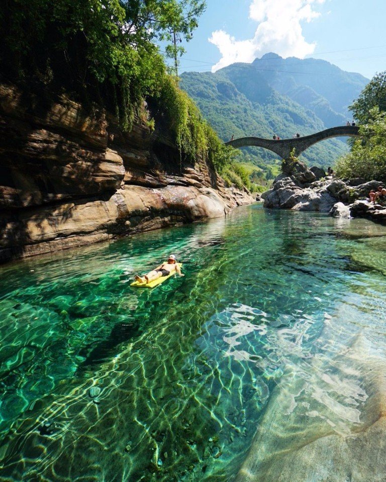 The water of the river Verzaska is so clear that it seems as if you are floating through the air