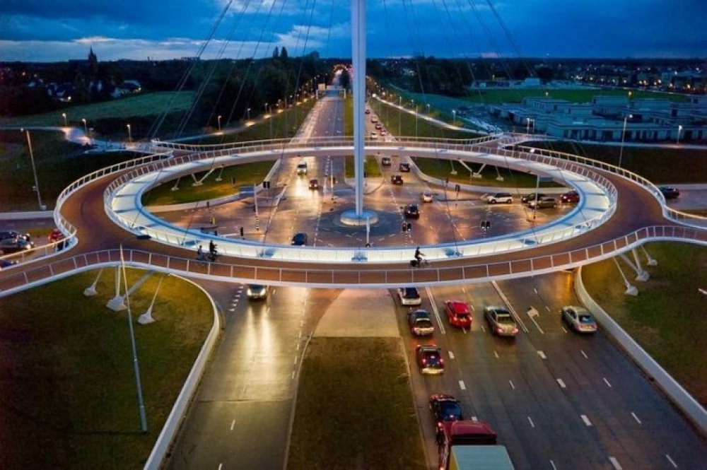 Unique round floating bridge Hovenring in the Netherlands