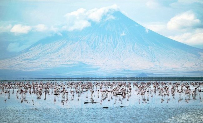 Red and pink Lake Natron in Tanzania