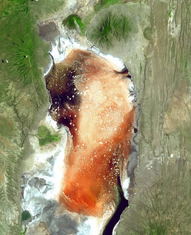 Red and pink Lake Natron in Tanzania