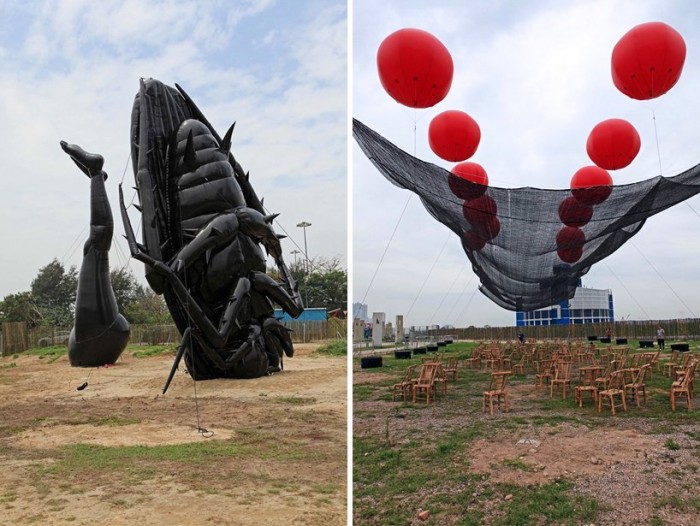 Inflatable heaps, pig and locust in Hong Kong