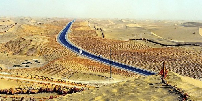 Зеленая кайма самого длинного в мире шоссе через пустыню