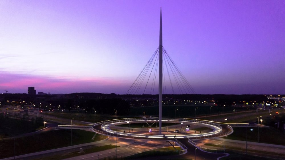 Unique round floating bridge Hovenring in the Netherlands