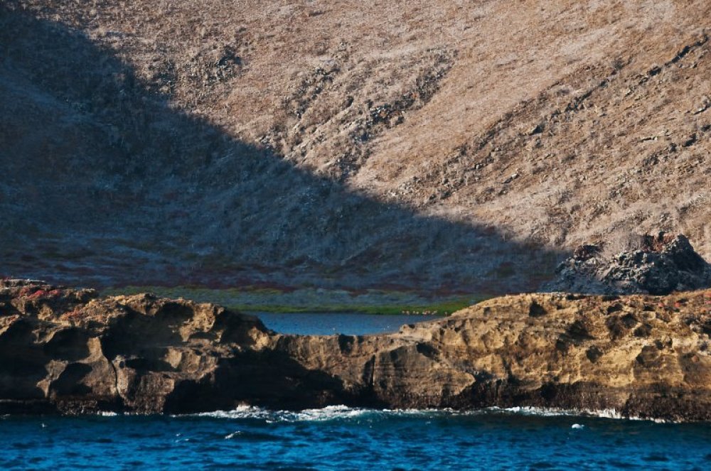 Bainbridge Rokas & unusual island with a crater in the Galapagos archipelago