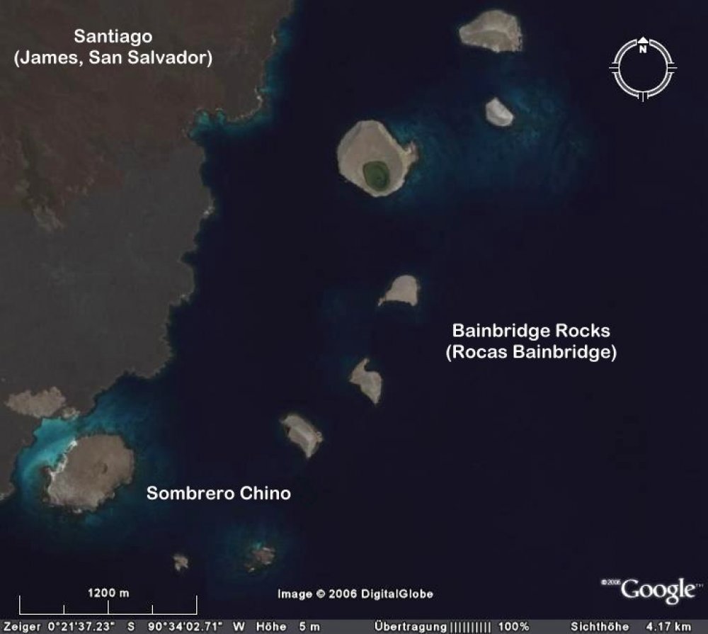 Bainbridge Rokas & unusual island with a crater in the Galapagos archipelago