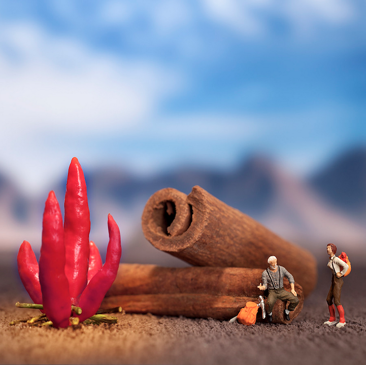 Miniature people in large edible worlds