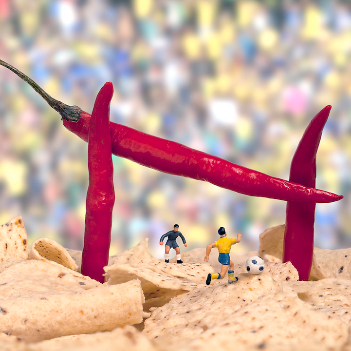 Miniature people in large edible worlds