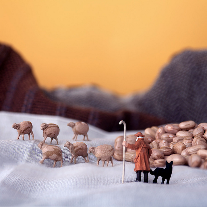 Miniature people in large edible worlds