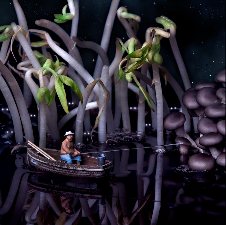 Miniature people in large edible worlds