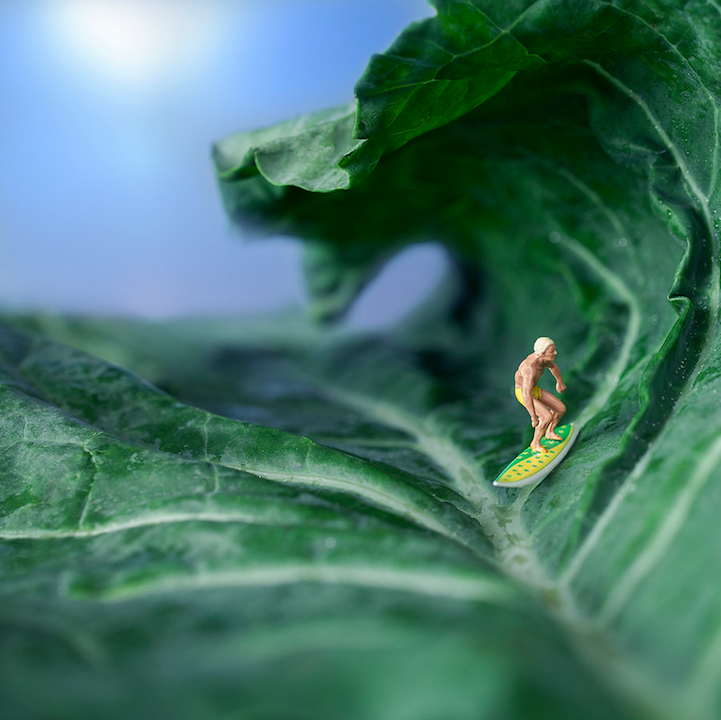 Miniature people in large edible worlds