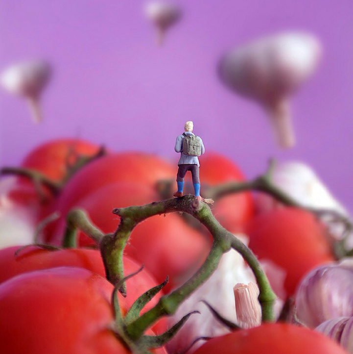 Miniature people in large edible worlds