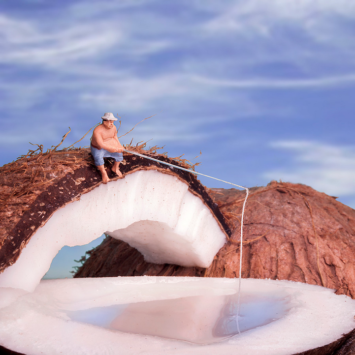 Miniature people in large edible worlds