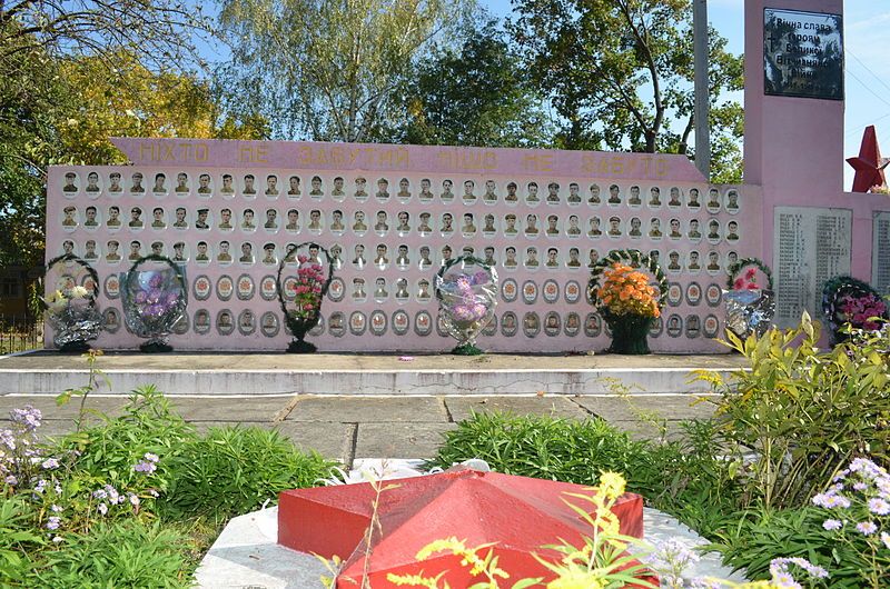 Memorial sign in honor of fellow villagers, Zherdia 