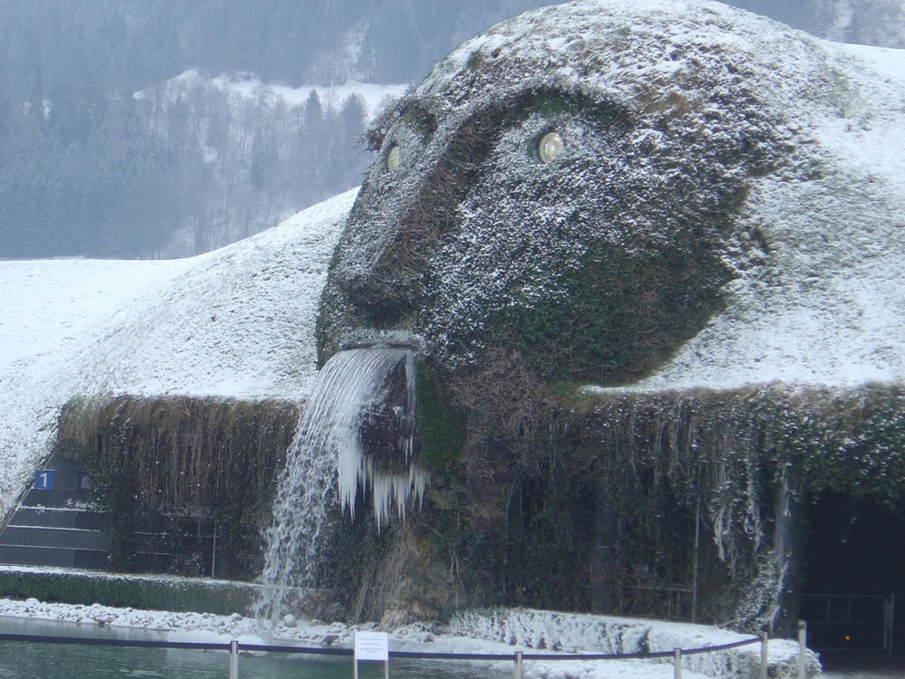 The Swarovski fountain is a giant with crystal eyes