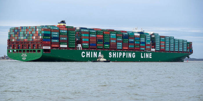 Chinese container ship CSCL Globe in the port of Felixstowe, UK.