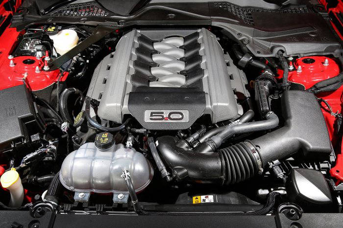 5,0-литровый двигатель занимает все подкапотное пространство Ford Mustang GT. | Фото: whichcar.com.au.
